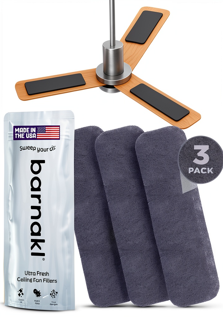 Barnakl ceiling fan filter installed on a fan in a modern kitchen